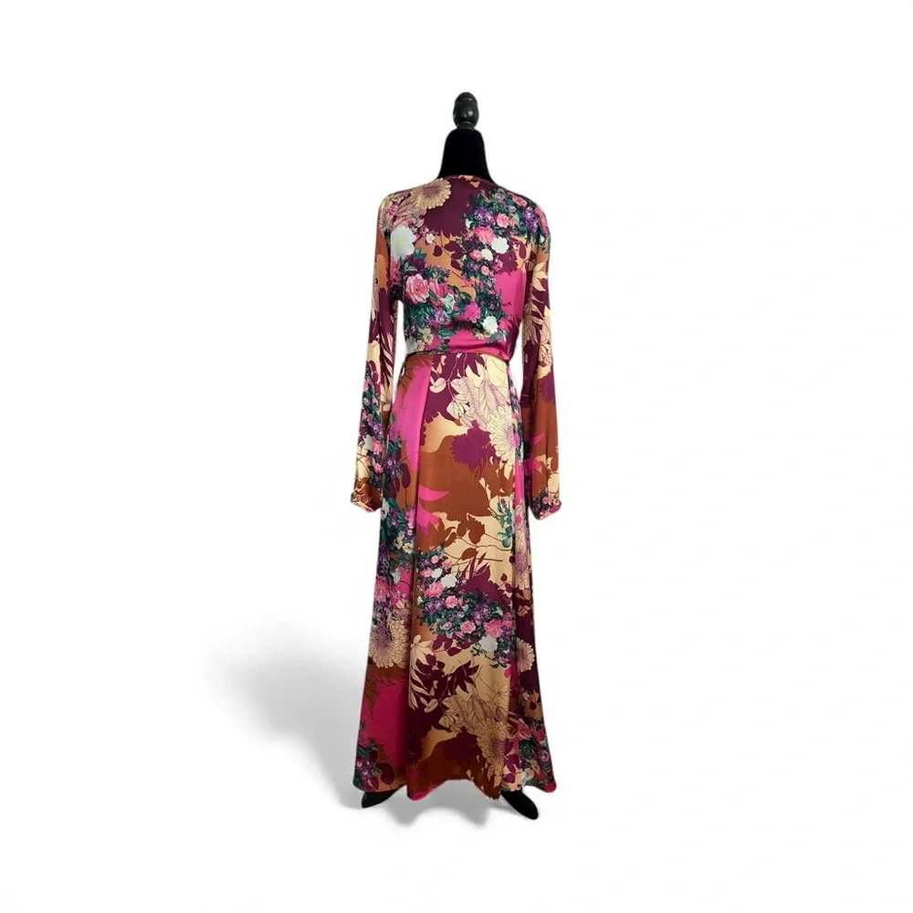 Lulus Floral Wrap Maxi Dress – Multicolor Silk Satin Feel (Size S) - Picture 5 of 9